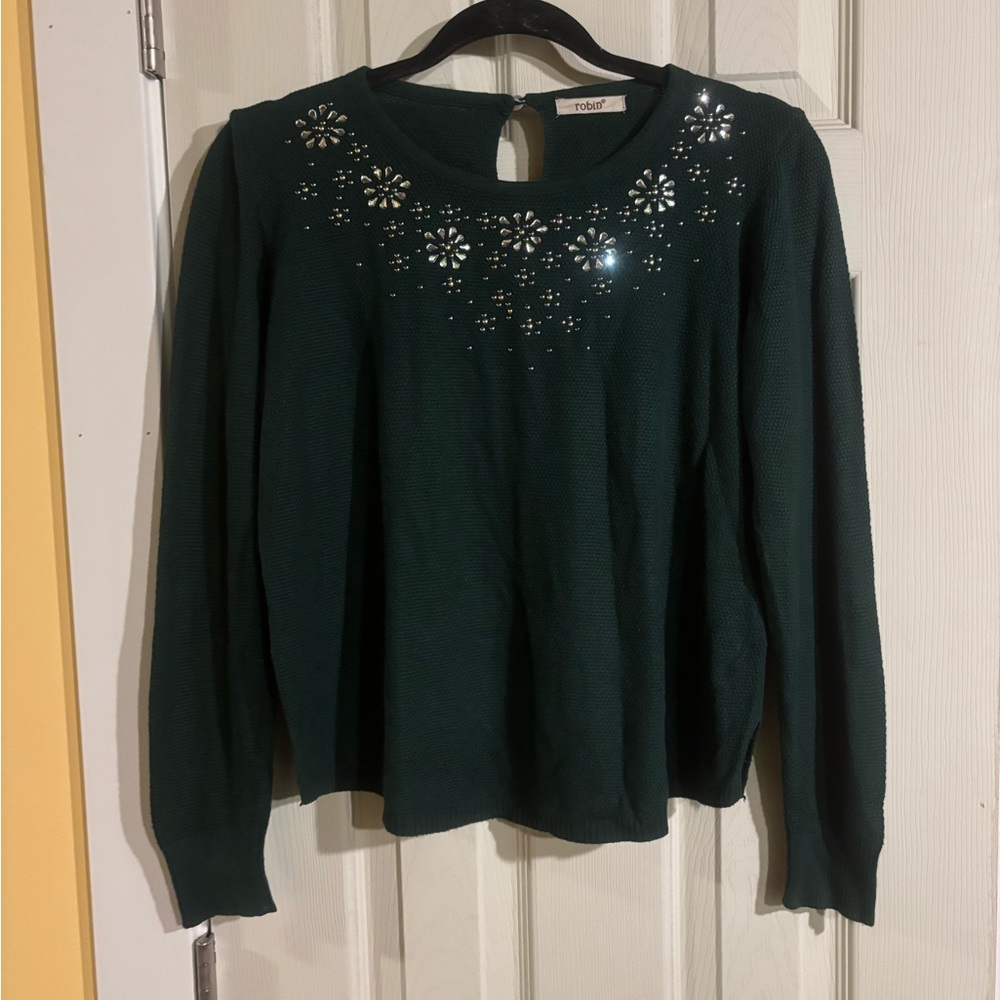Talbots Green Embellished Long Sleeve Blouse